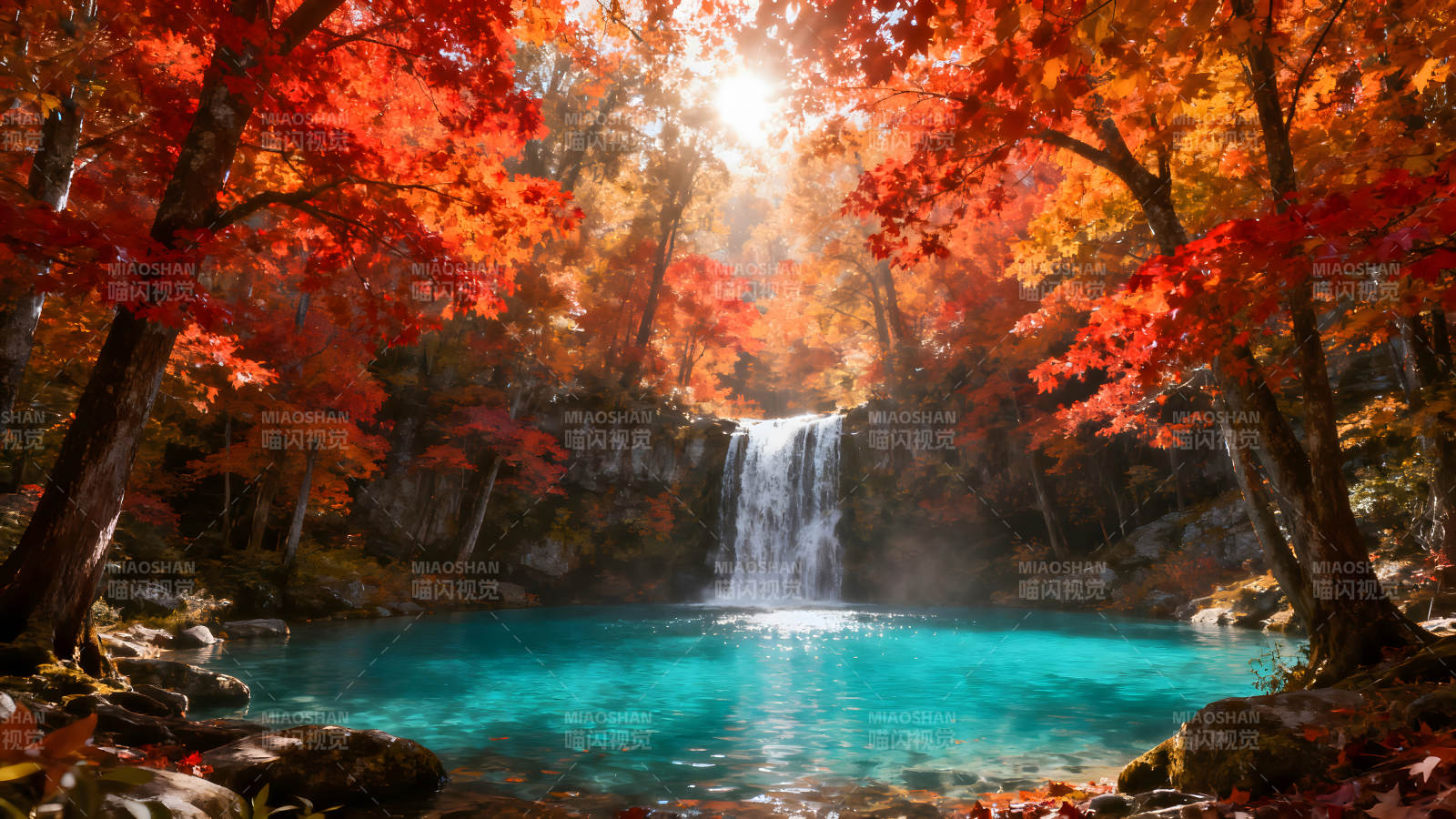 秋日瀑布碧水紅葉美景-圖片