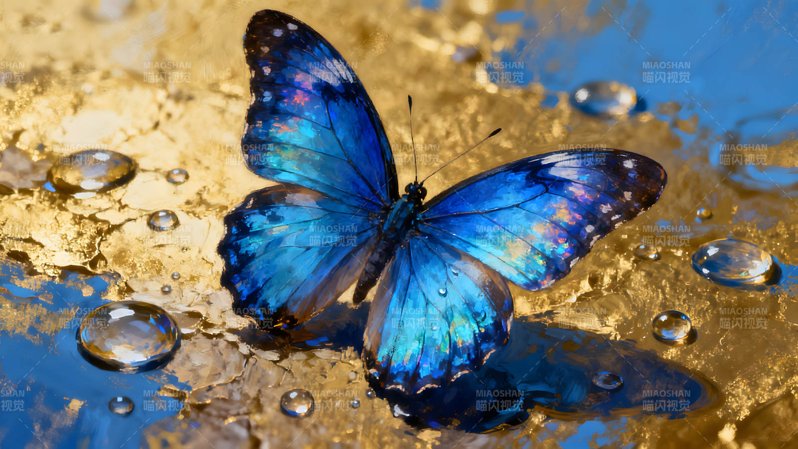 蓝蝴蝶水中飞舞光影斑驳图片