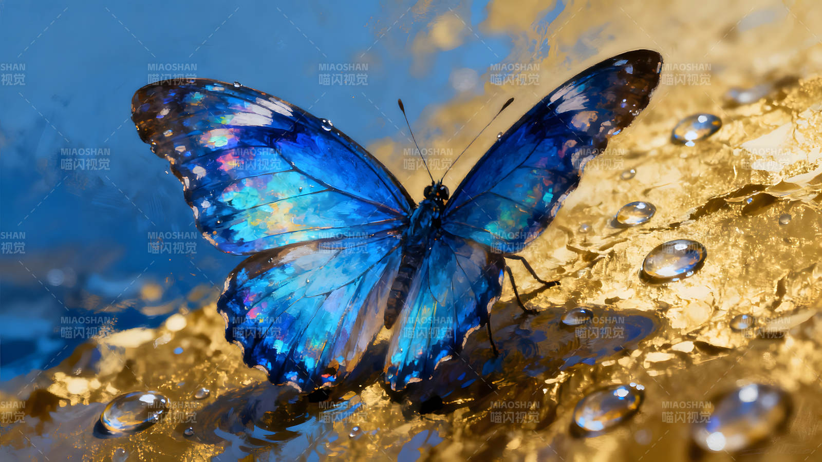 蓝蝶停落金色浮雕上水珠晶莹剔透图片