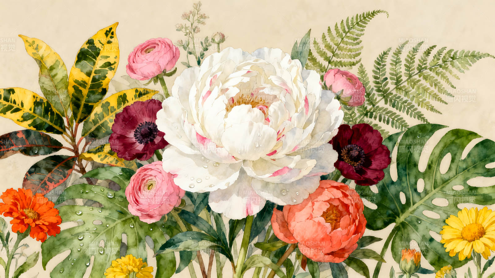 色彩繽紛的花卉水彩畫-圖片