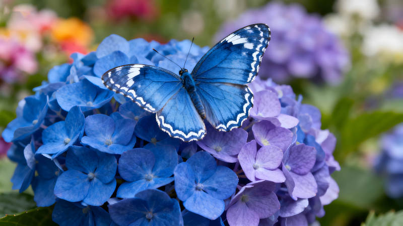 蓝蝴蝶停在蓝色绣球花上-图片