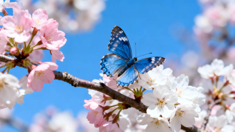 藍蝴蝶停櫻花枝頭陽光明媚-圖片