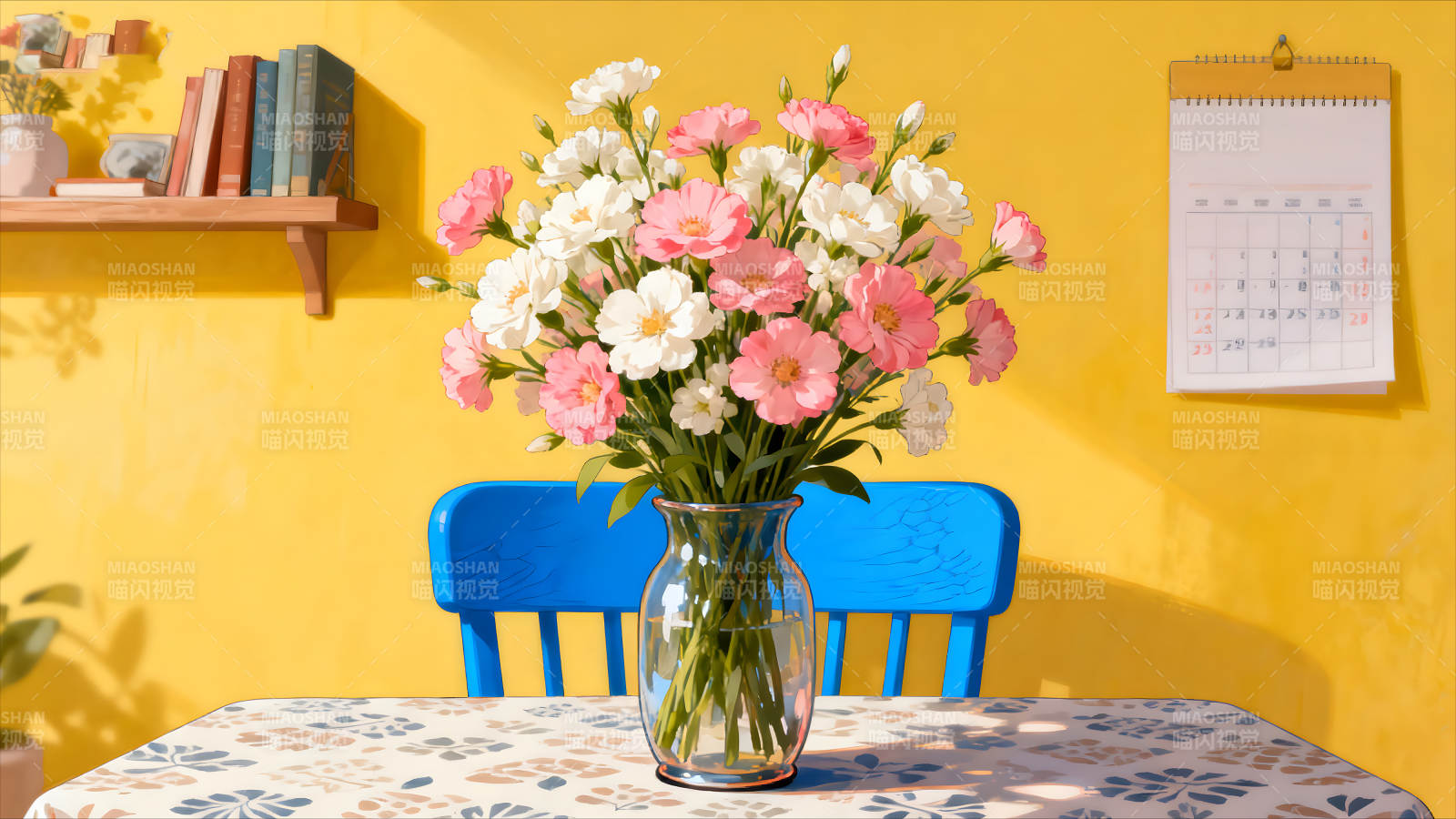 鮮花桌子椅子掛歷溫馨的房間-圖片