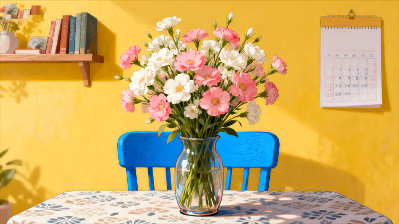 鮮花桌子椅子掛歷溫馨的房間-圖片
