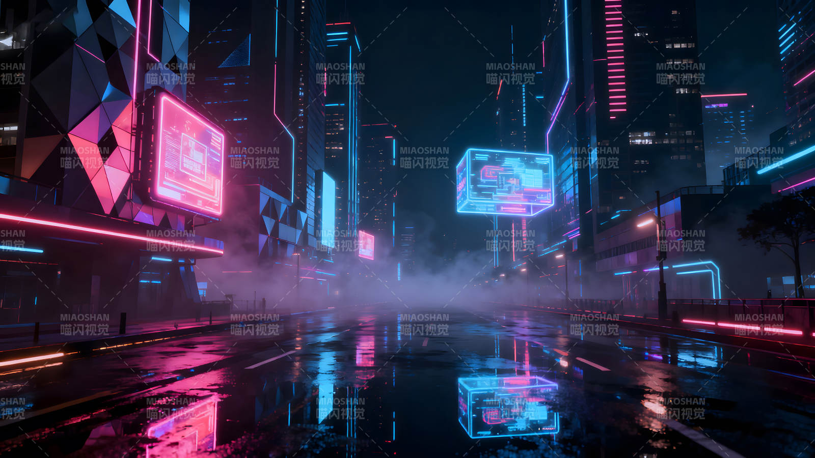 霓虹燈下的賽博朋克城市雨景圖片