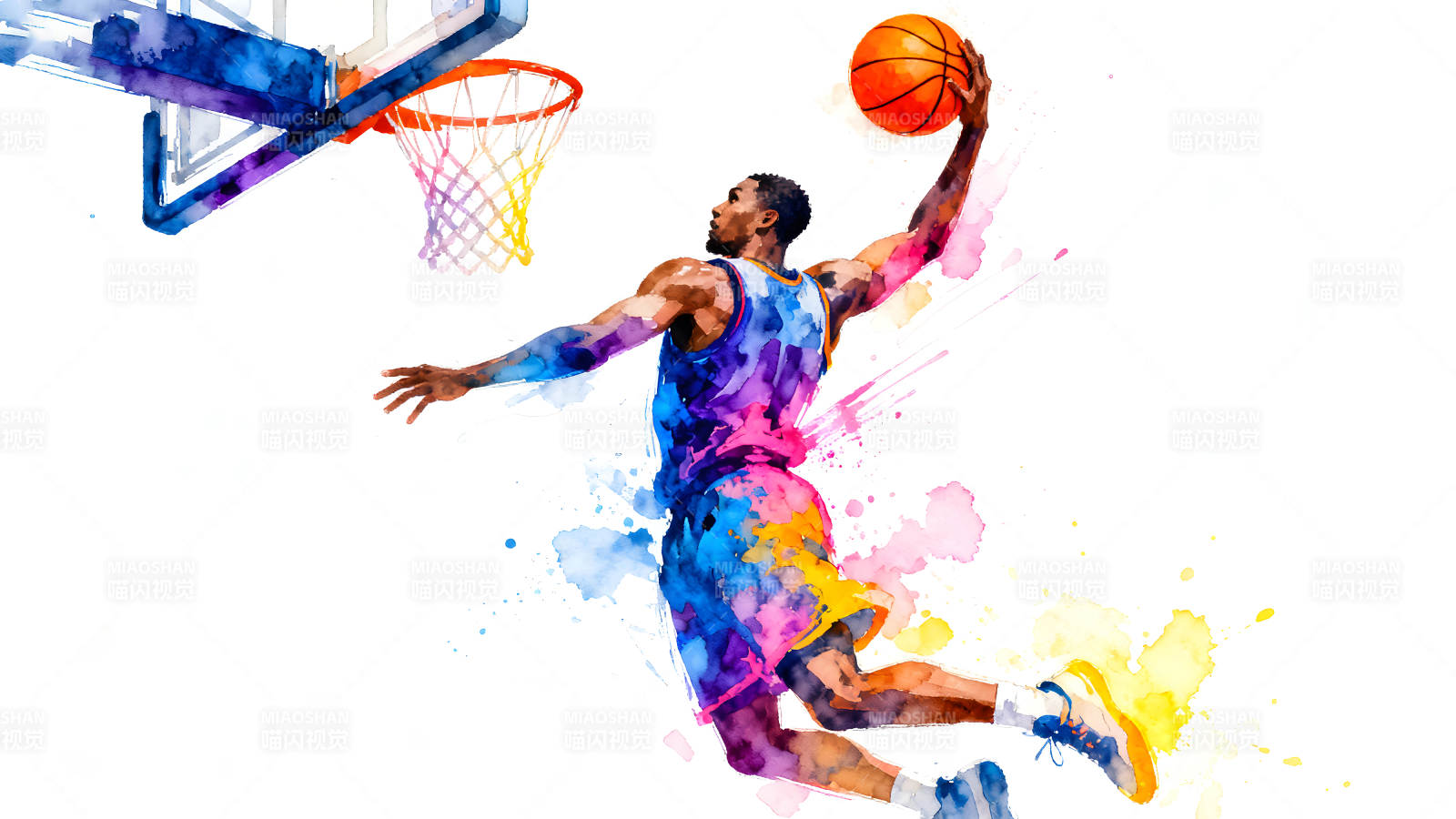 水彩篮球运动员灌篮瞬间-图片