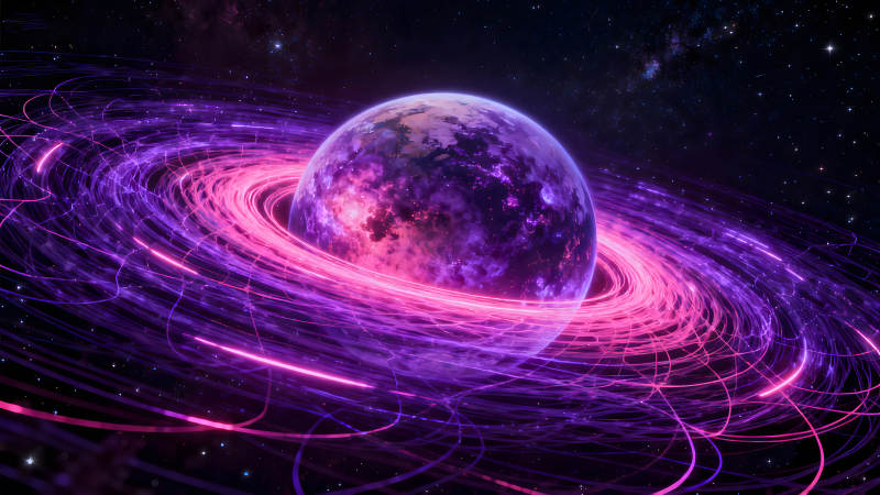 宇宙星球围绕发光线条绚丽景象图片