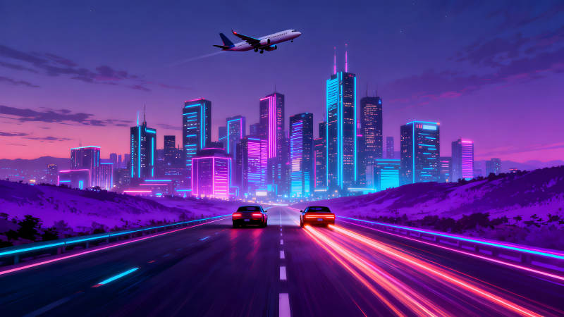 霓虹都市夜景下的赛车追逐与飞行器-图片