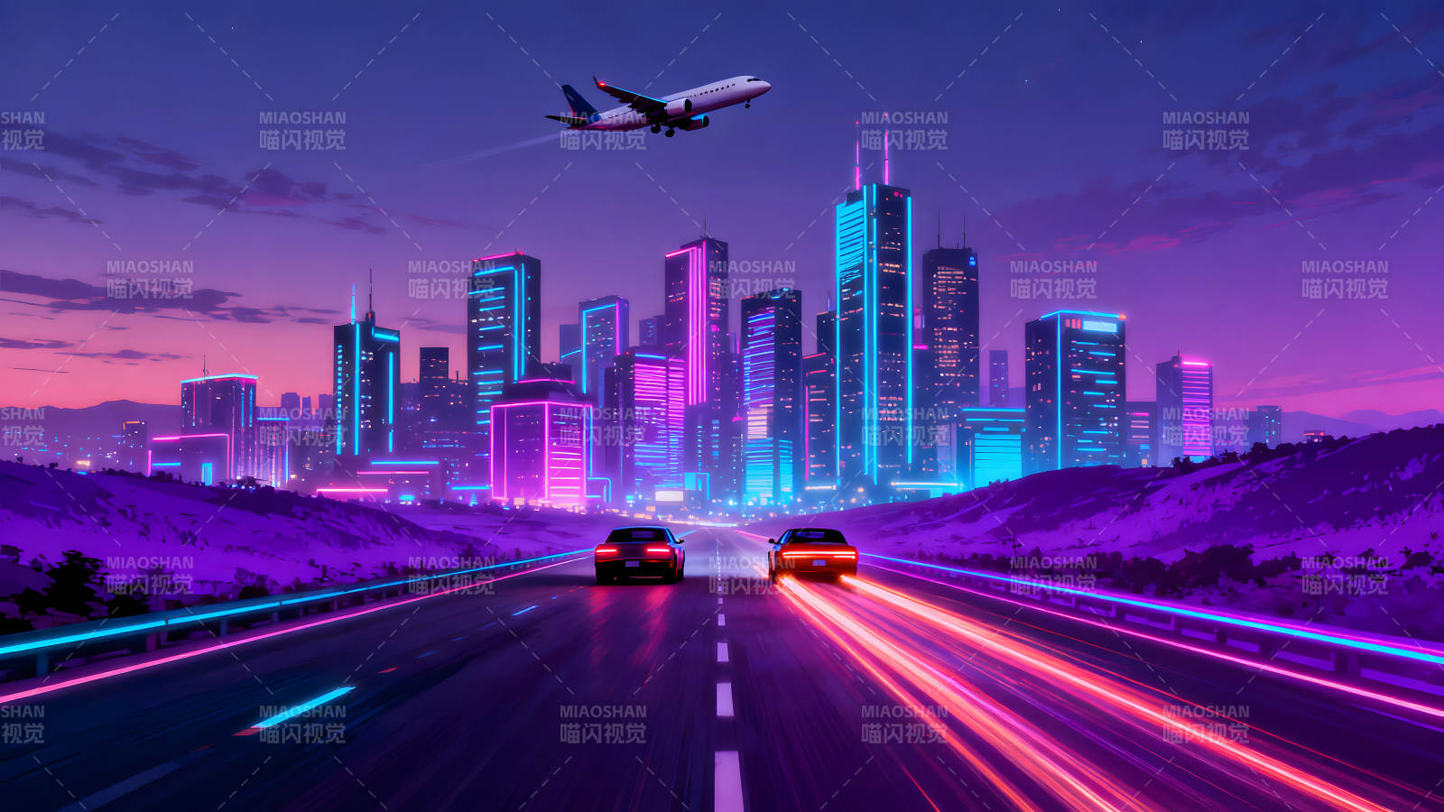 霓虹都市夜景下的赛车追逐与飞行器-图片