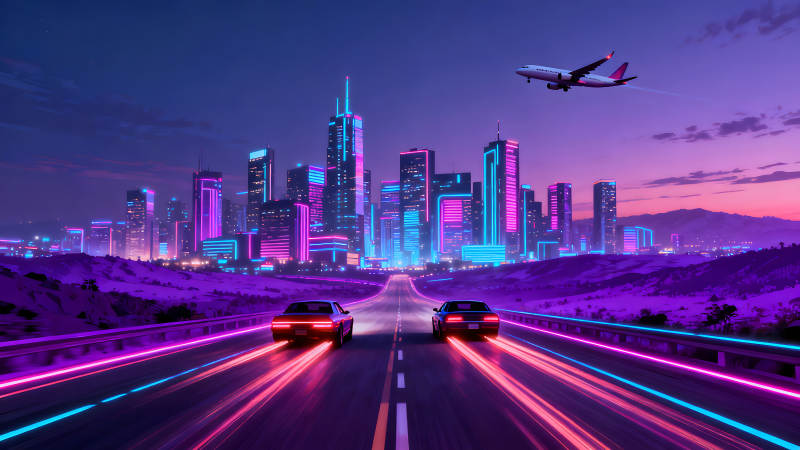 霓虹都市下的公路竞速与飞行-图片