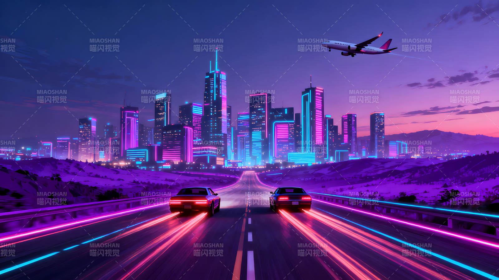 霓虹都市下的公路競速與飛行圖片