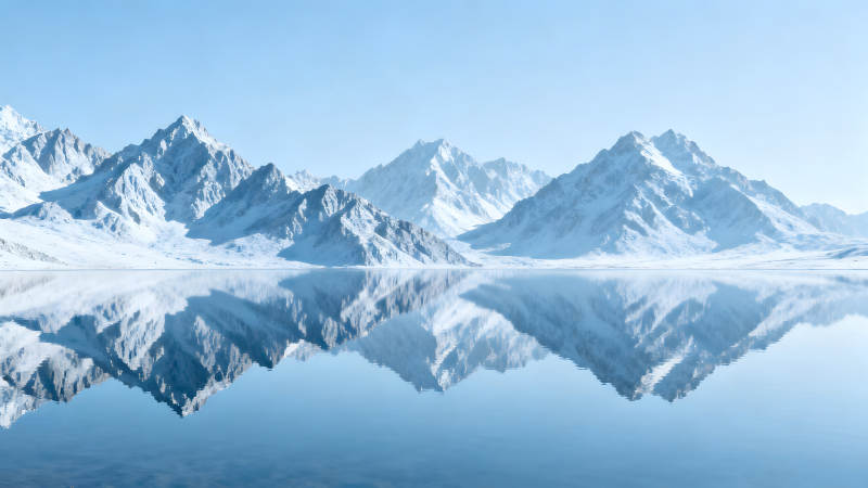 雪山湖泊倒影寧靜風景畫-圖片