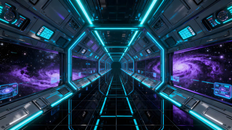 太空飞船走廊欣赏宇宙星云景象-图片