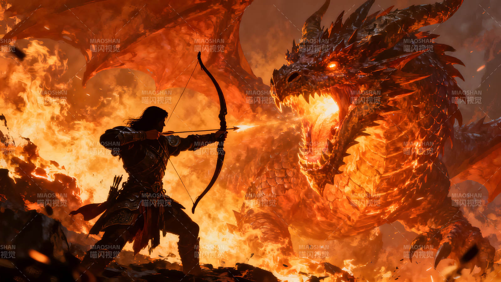 弓箭手射向火焰巨龙-图片