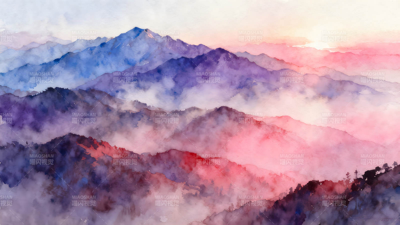 水彩渲染山脈云霧夢幻景色-圖片