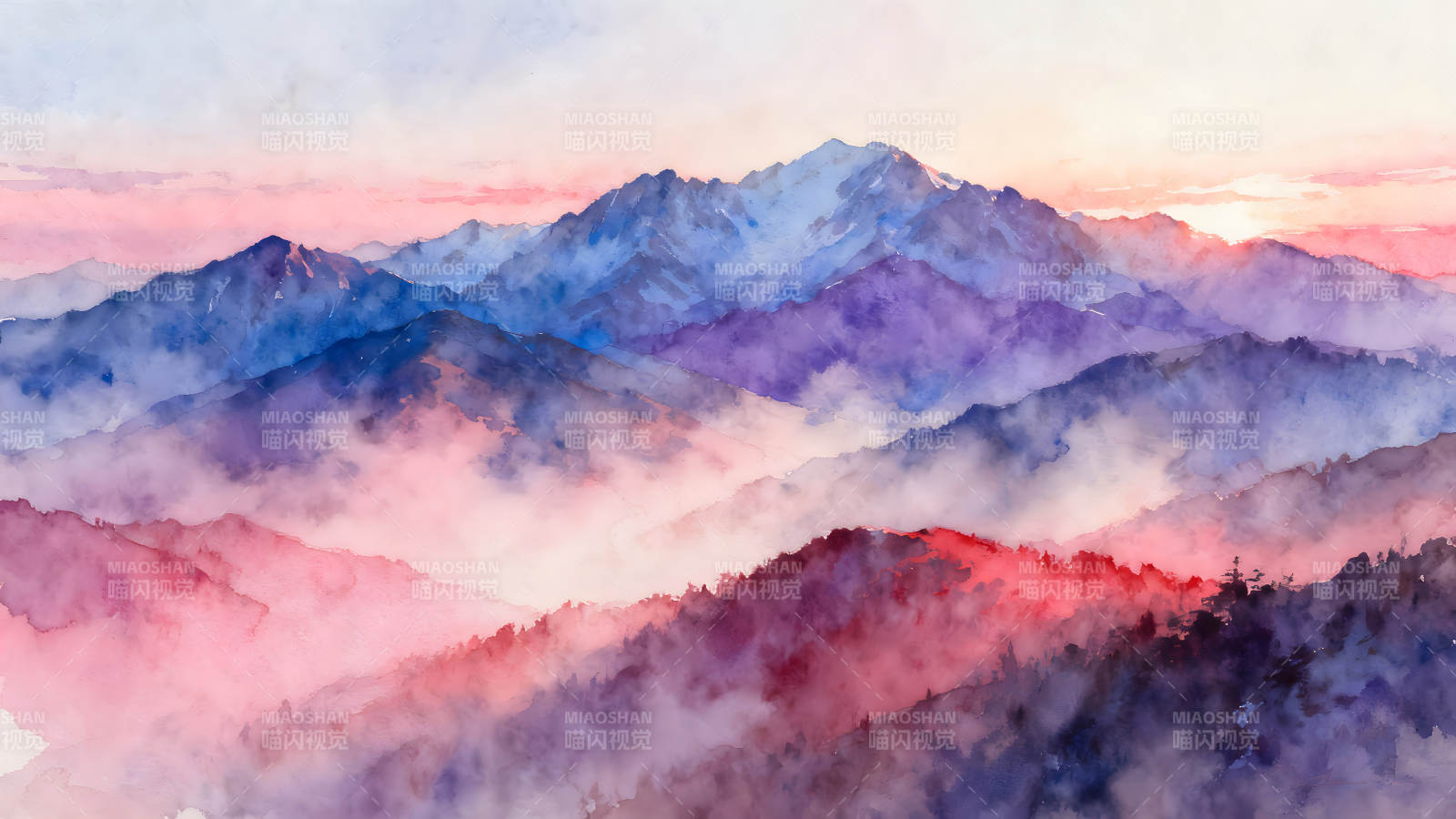 水彩山脈日出景象色彩絢麗-圖片
