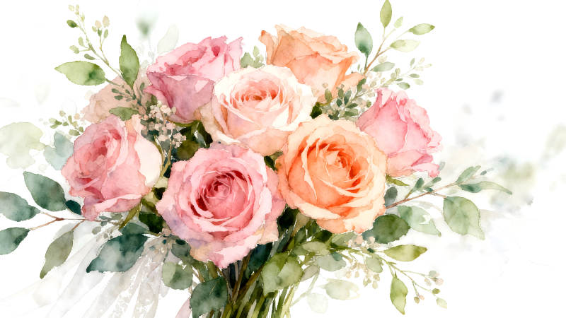 粉色玫瑰花束水彩风格清新唯美-图片