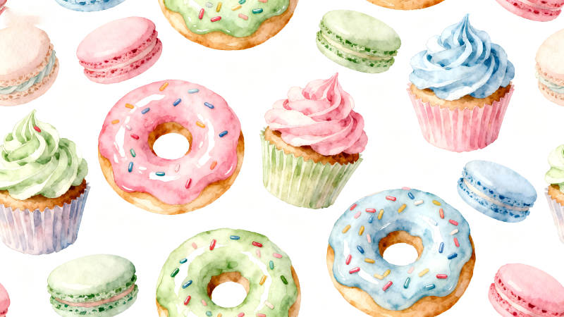 水彩甜点图案可爱多彩-图片