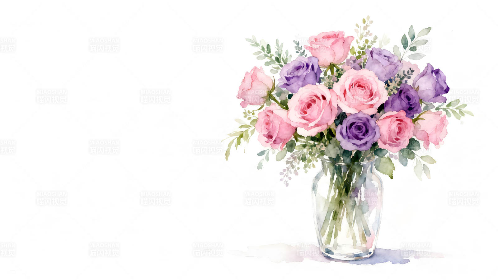 水彩画粉色紫色玫瑰花束-图片