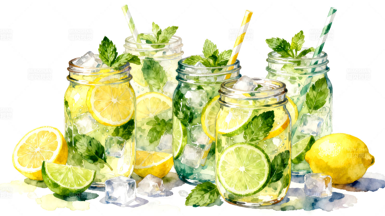 清凉夏日饮品水彩画-图片