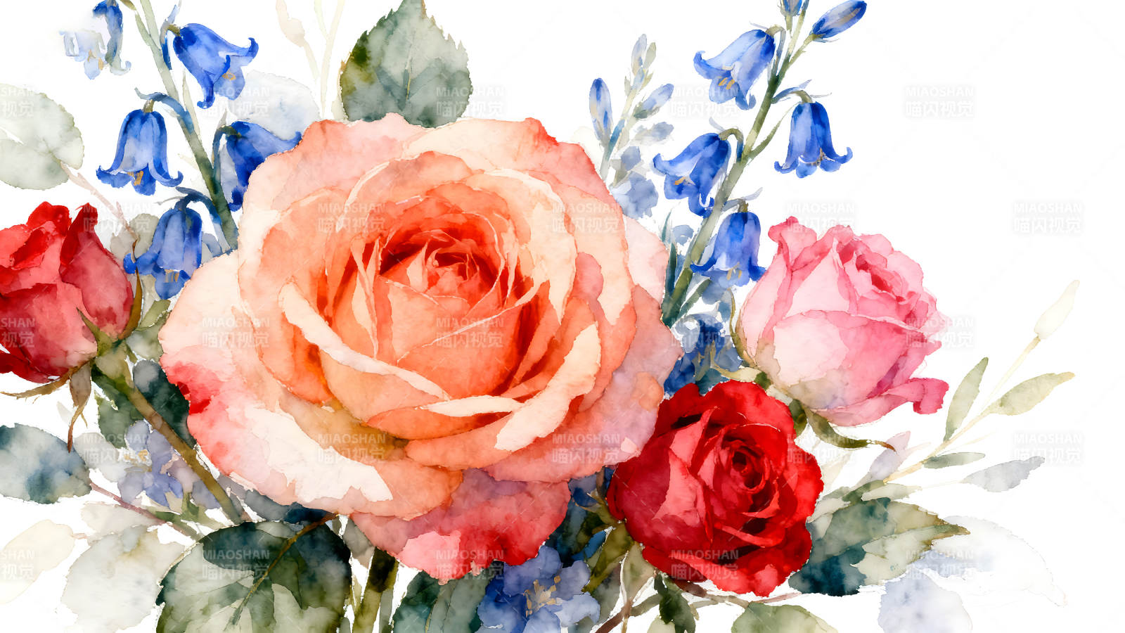 水彩玫瑰和蓝色风铃草的艺术绘画-图片