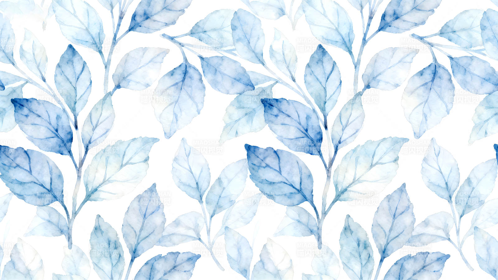 蓝叶水彩图案白色背景清新-图片