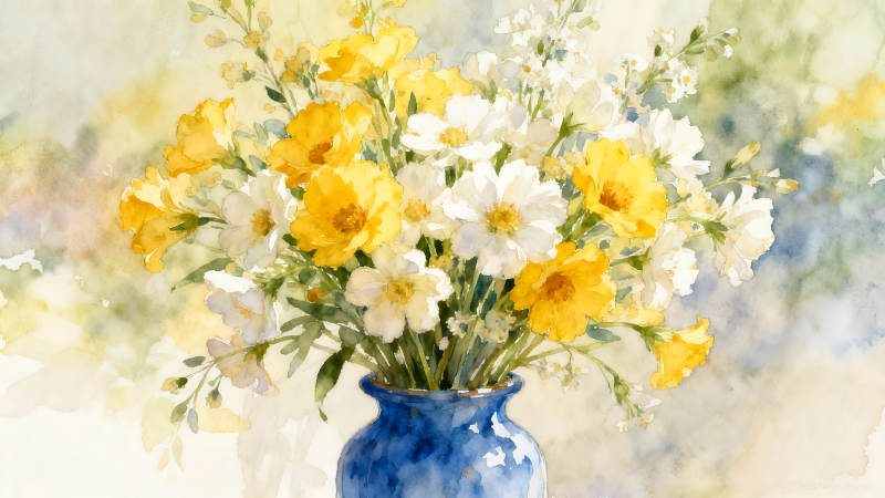 水彩花卉静物画黄色白色花朵-图片