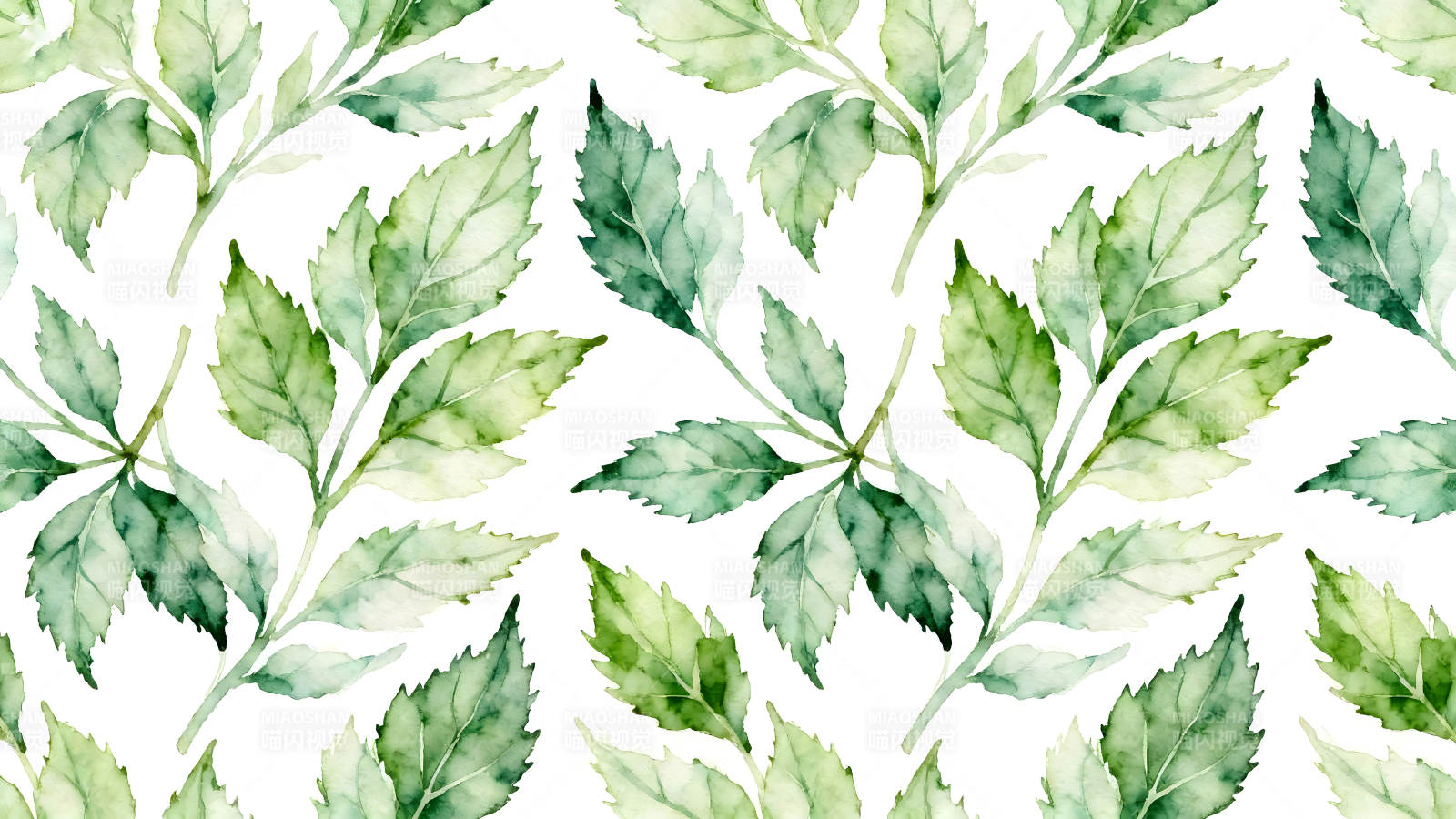水彩风格的绿色叶子图案-图片