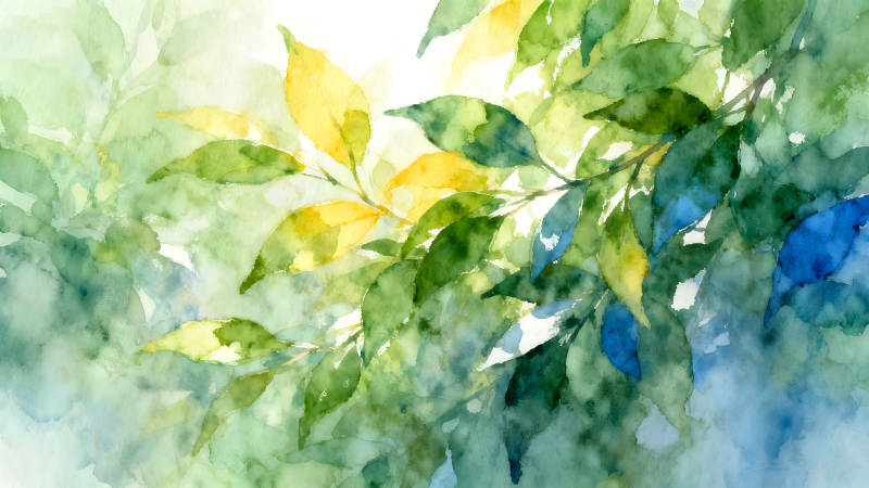 水彩风格的绿叶与阳光-图片