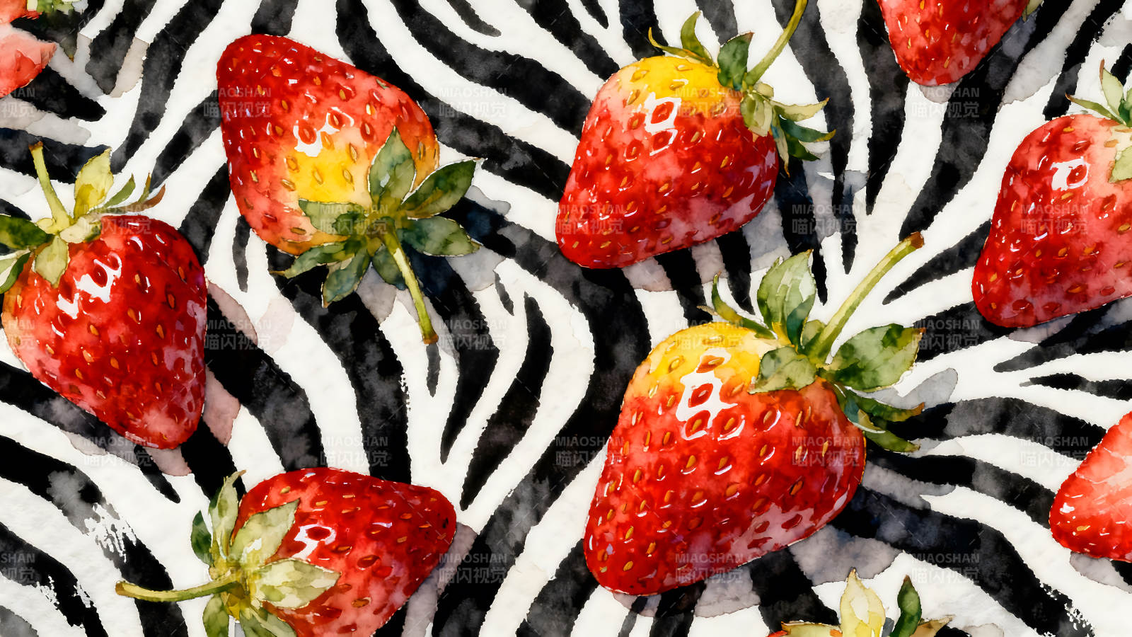 水彩草莓斑马纹理背景-图片