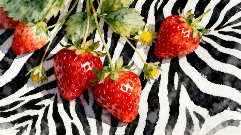 水彩草莓與斑馬紋背景-圖片