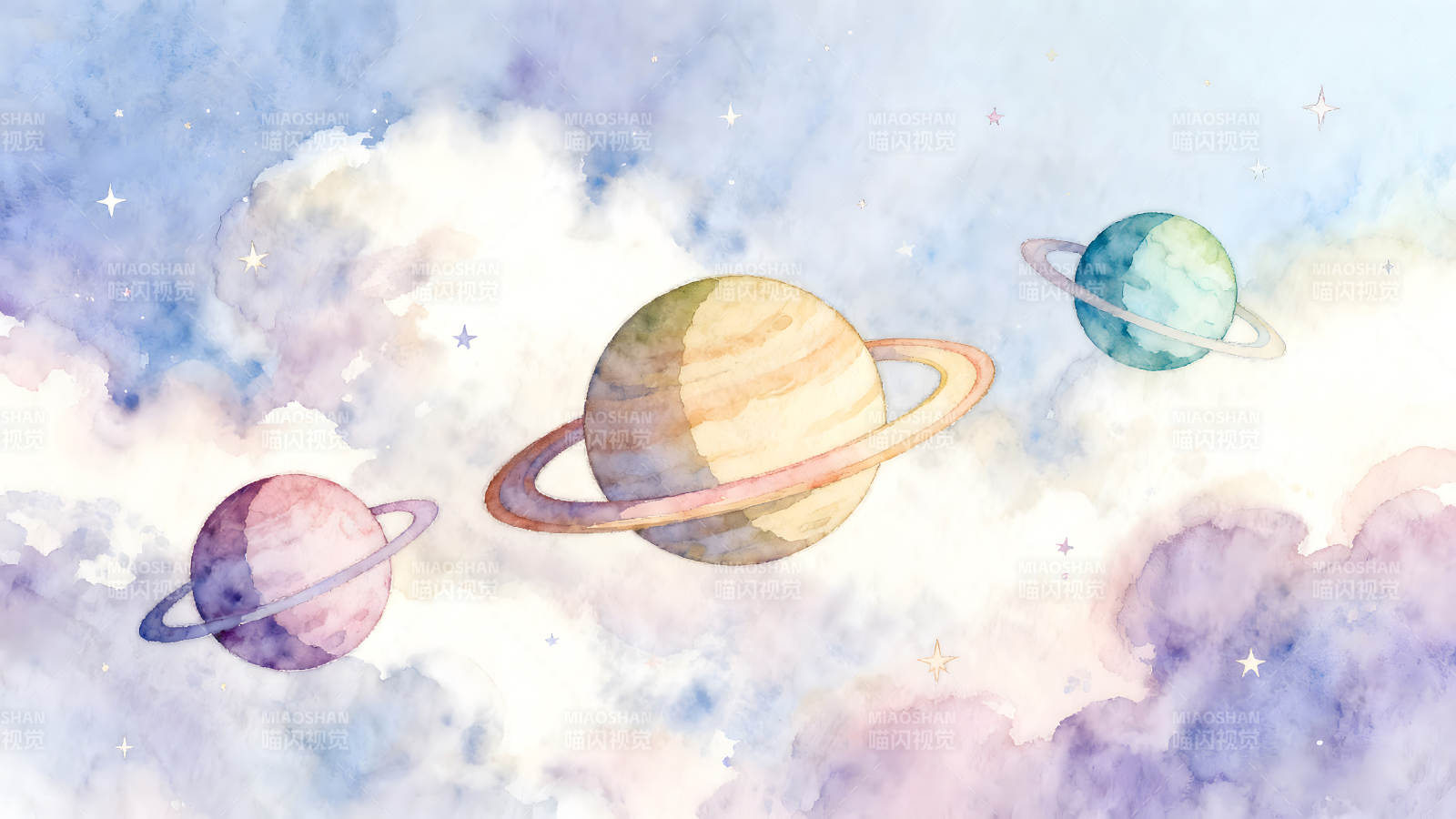 水彩星空行星圖景-圖片