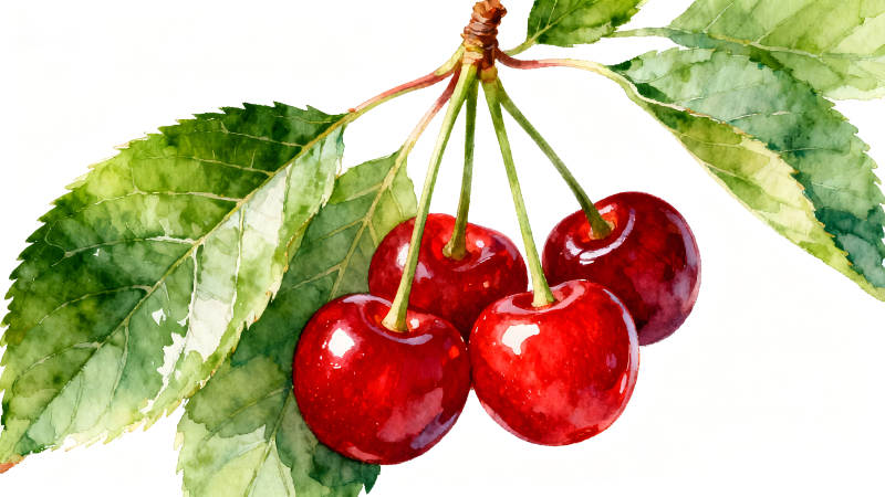 水彩绘画的樱桃和叶子-图片