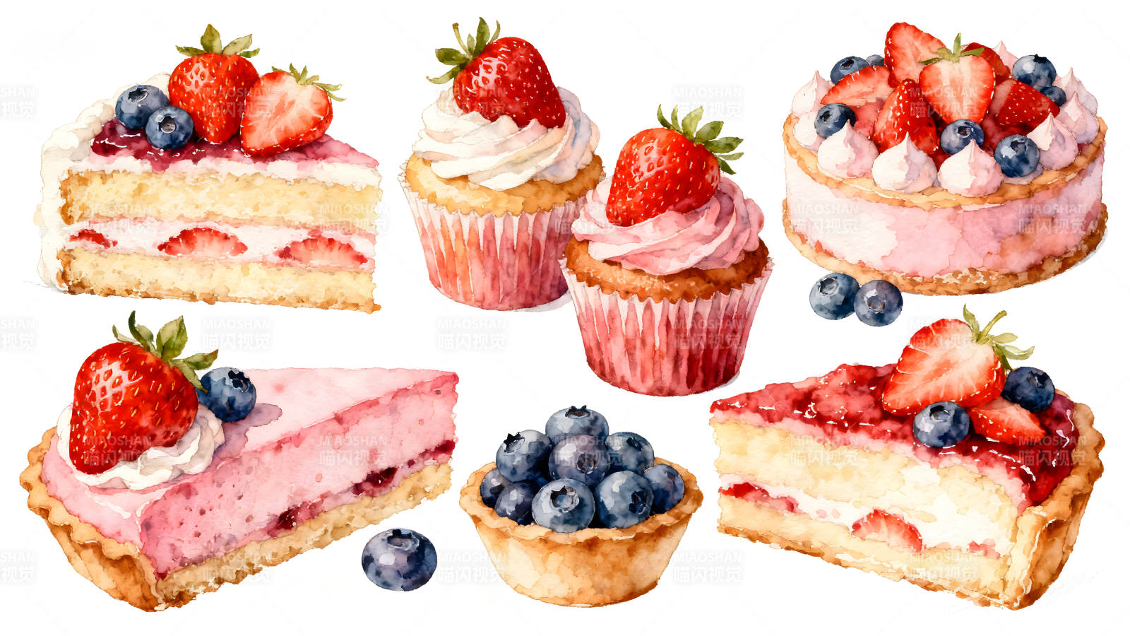 美味草莓甜点集合水彩画-图片