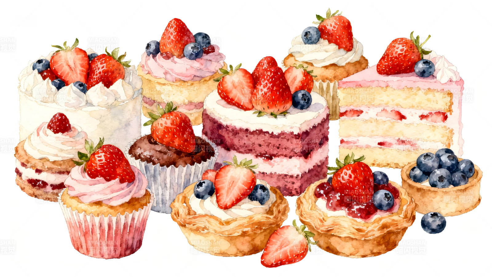 水彩风格的美味草莓甜品-图片