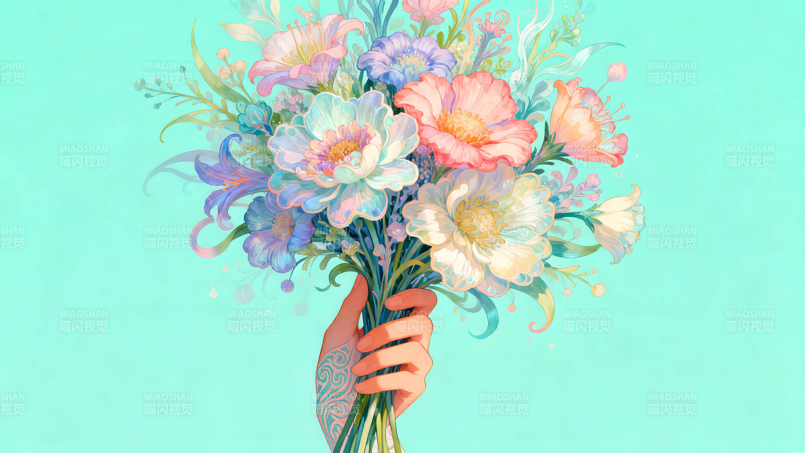 手捧鲜花水彩画风图片