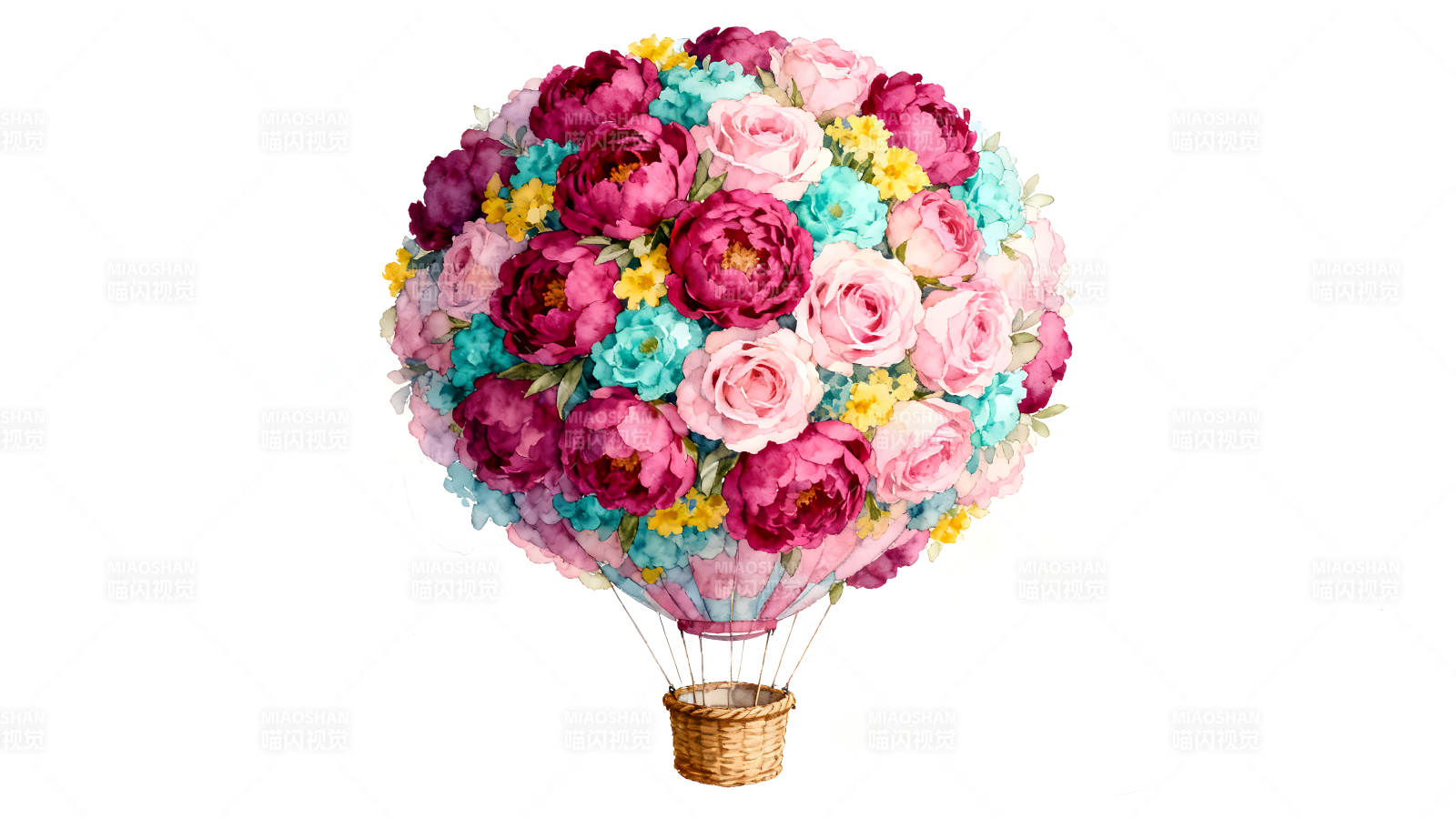 水彩花束熱氣球鮮花綻放飛翔天空-圖片