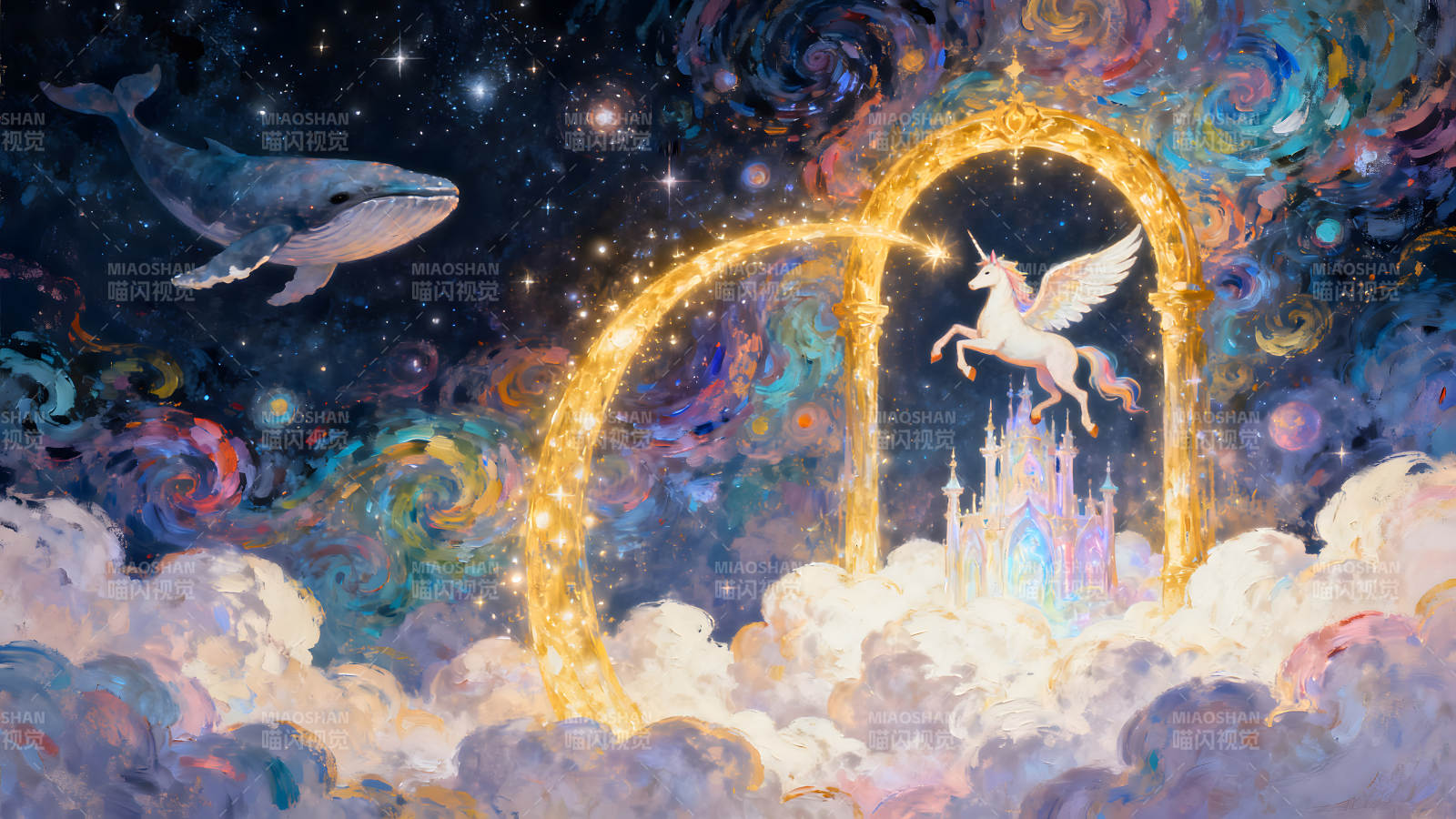 梦幻星空中的飞马与城堡图片