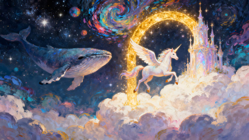 鲸鱼独角兽在星空下的梦幻城堡-图片