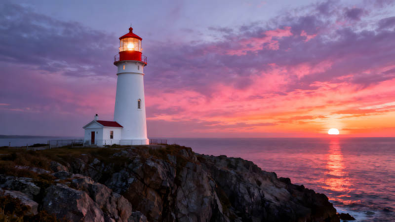 燈塔海景夕陽西下景色絢麗奪目-圖片