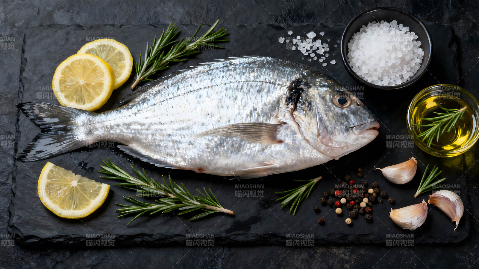 新鲜鱼类与烹饪配料的特写-图片