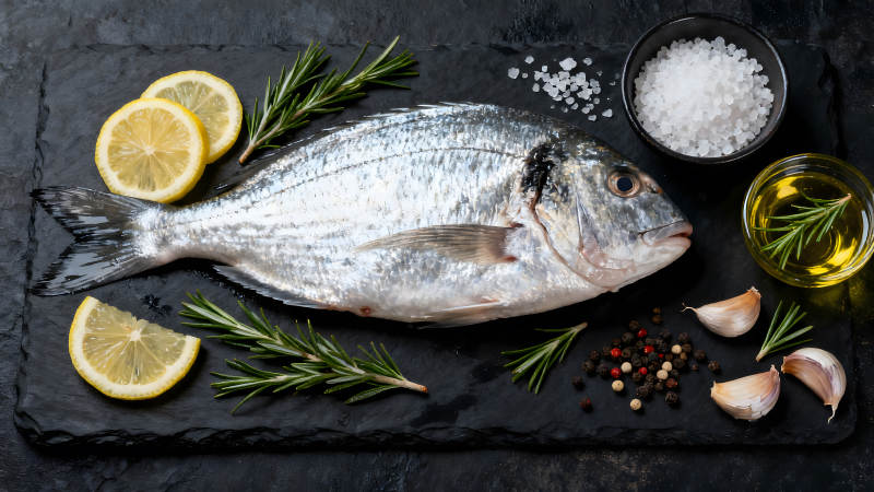 新鲜鱼类与烹饪配料的特写-图片