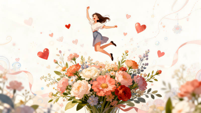 女孩快乐跳跃鲜花背景-图片