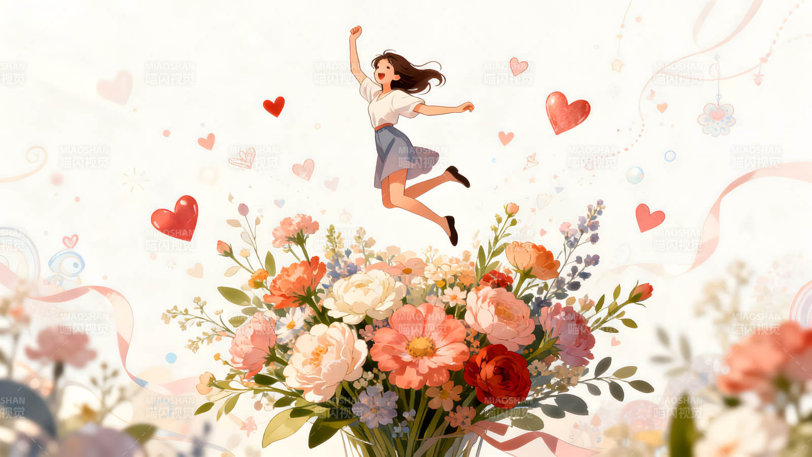 女孩快乐跳跃鲜花背景-图片