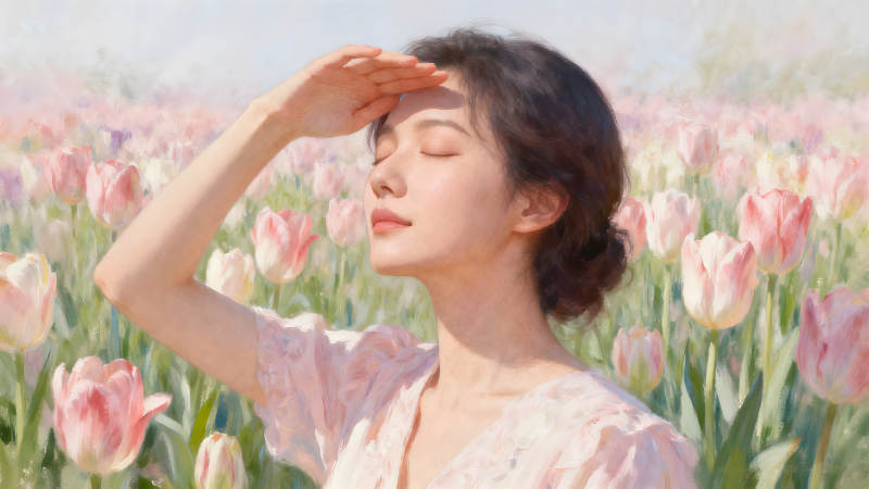 女子在花海中闭目享受阳光-图片