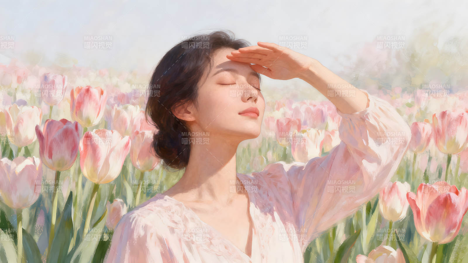 少女在郁金香花海中享受阳光-图片