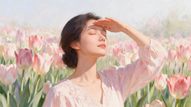 少女在郁金香花海中享受阳光-图片