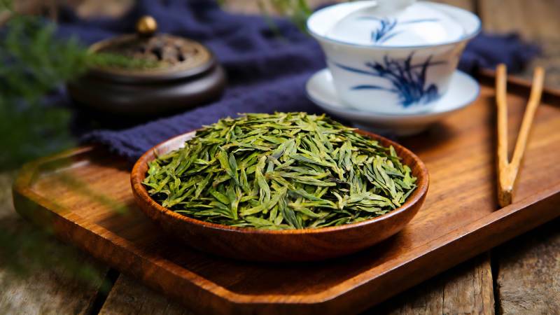 茶葉茶具木盤靜物-圖片