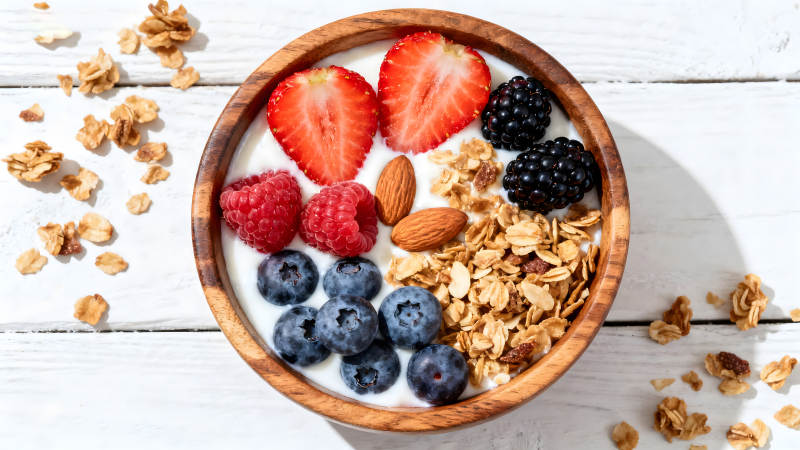 木碗里的酸奶配水果和麥片-圖片