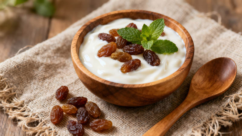 木碗酸奶配葡萄干-图片